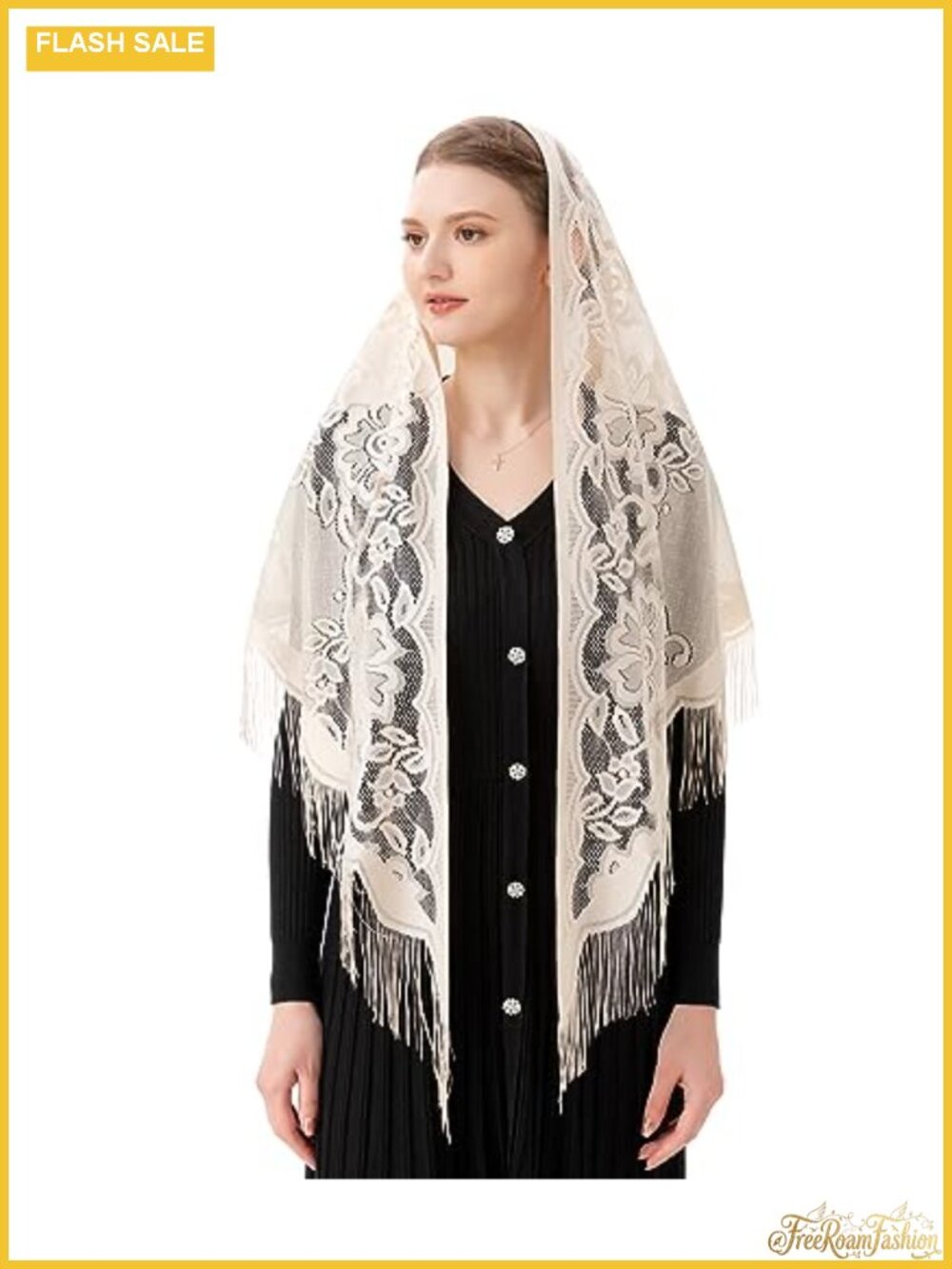 Lace Triangle Catholic Church Veil Chapel Mantilla with Fringe Trim